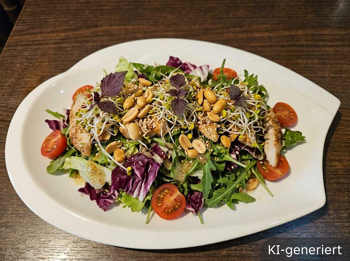 Großer Salatteller mit würzig gebratener Tofu